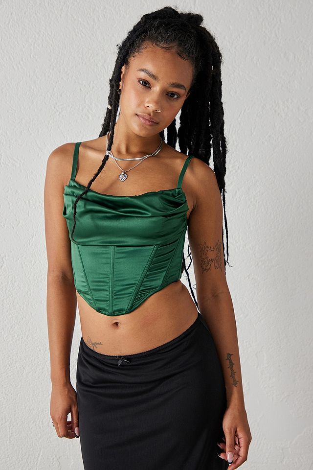 UO Lexi Satin Corset Top - Green XL at Urban Outfitters