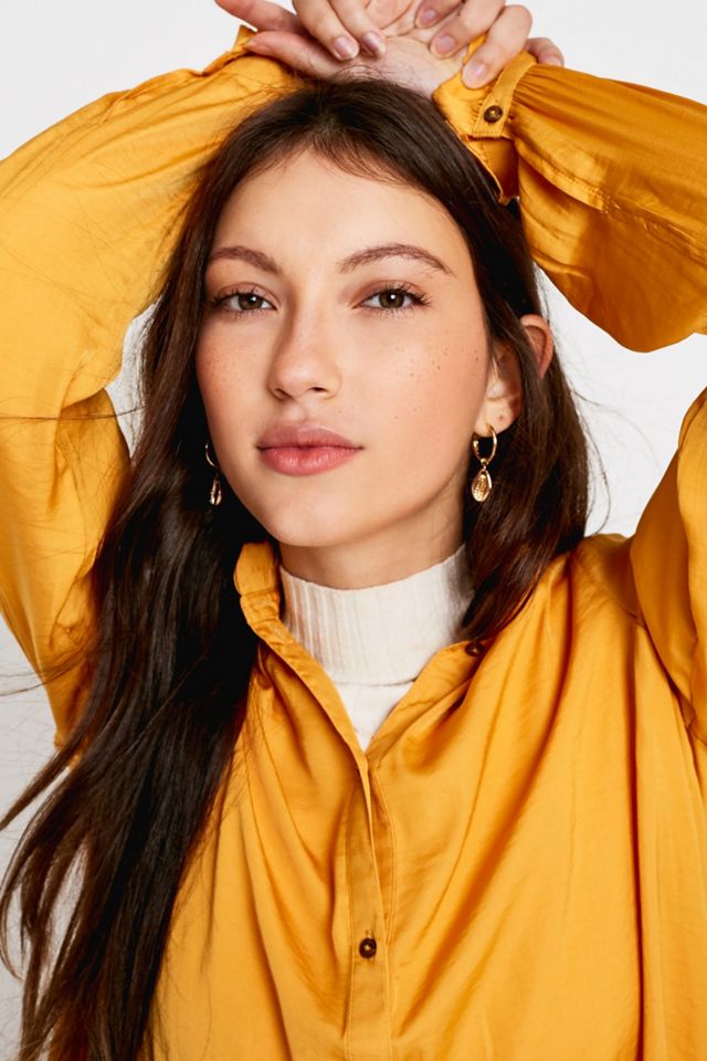 UO Madelyn Yellow Satin Ruffle Collar Button-Through Blouse #1