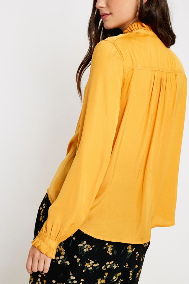 UO Madelyn Yellow Satin Ruffle Collar Button-Through Blouse #2