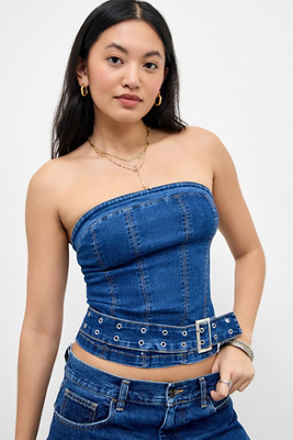 Silence + Noise Mia Buckle Denim Tube Top - Tinted Denim XS at Urban Outfitters