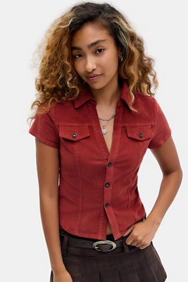BDG Polly Corduroy Shirt - Red S at Urban Outfitters