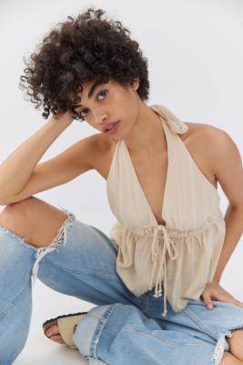 UO Colette Linen-Blend Halter Top - Beige XS at Urban Outfitters