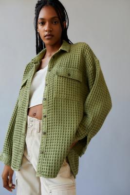 BDG Long Sleeve Stanley Waffle Shirt - Green XS at Urban Outfitters