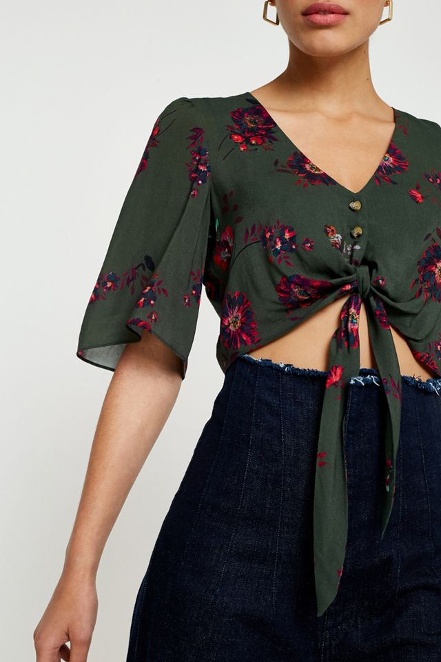 UO Green Floral Cropped Tie-Front Top #1
