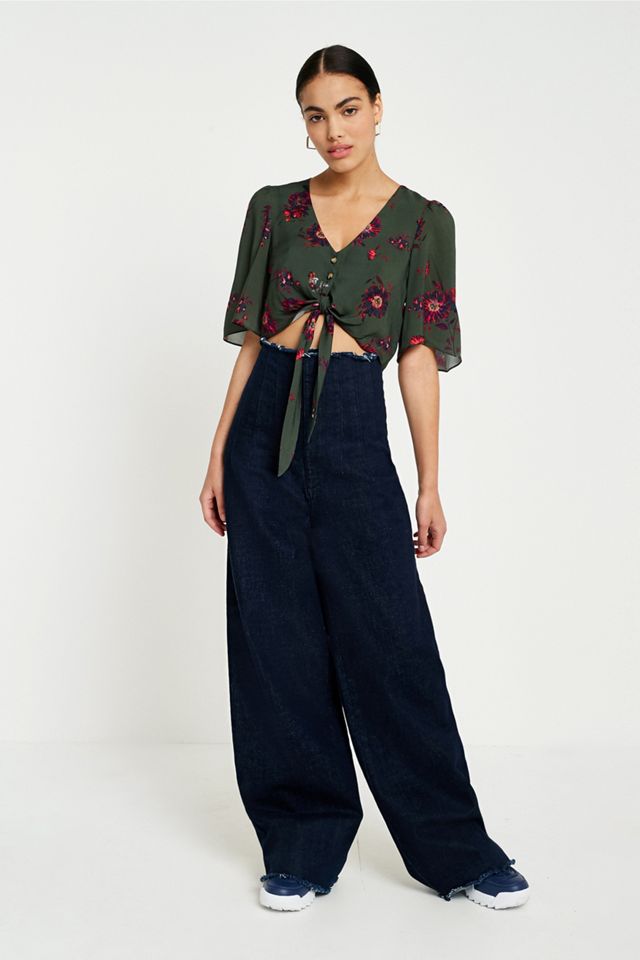 UO Green Floral Cropped Tie-Front Top #2