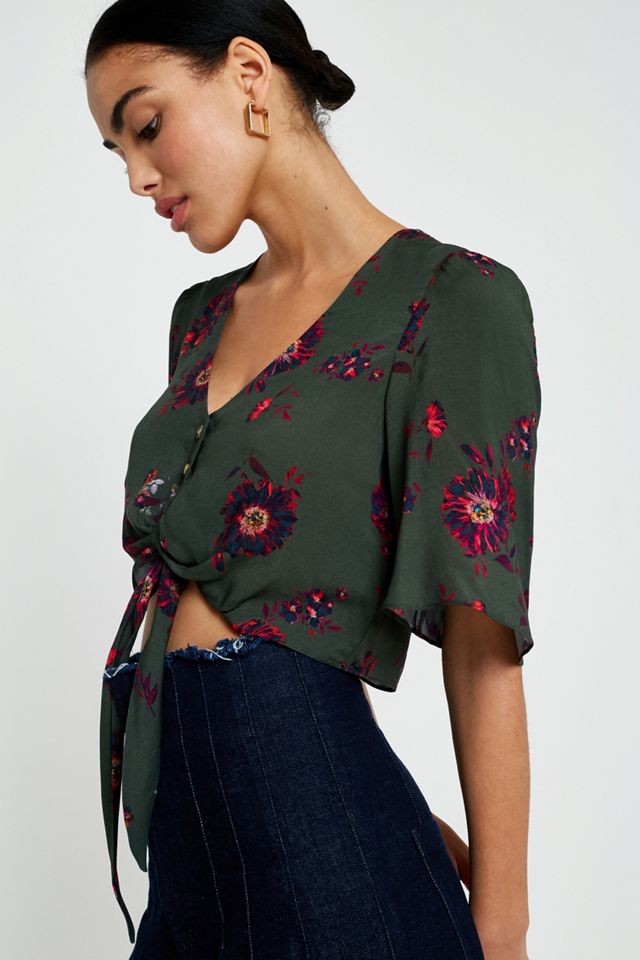 UO Green Floral Cropped Tie-Front Top #3
