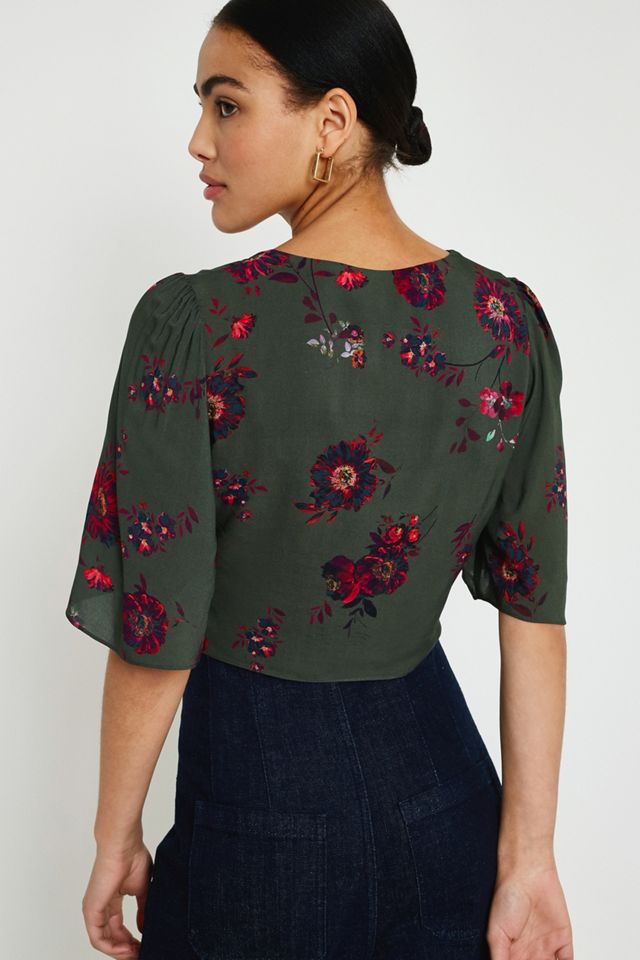 UO Green Floral Cropped Tie-Front Top #4