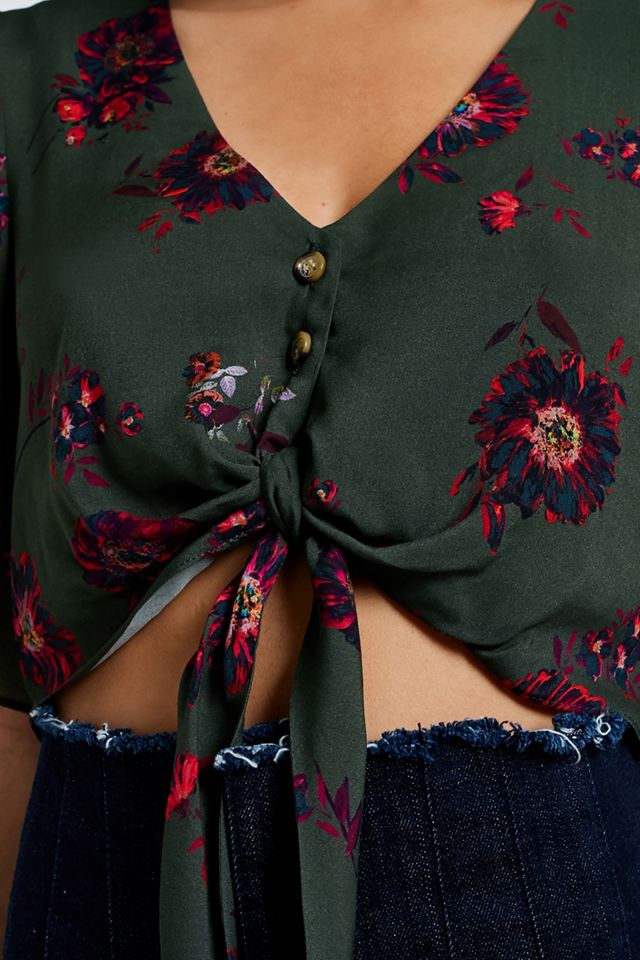 UO Green Floral Cropped Tie-Front Top #5
