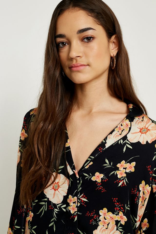 UO Black Floral Button-Down PJ Shirt #5