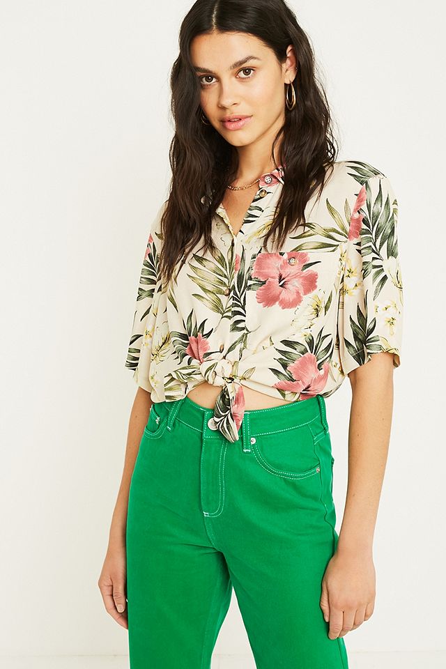 UO Ecru Hibiscus Floral Souvenir Shirt | Urban Outfitters UK
