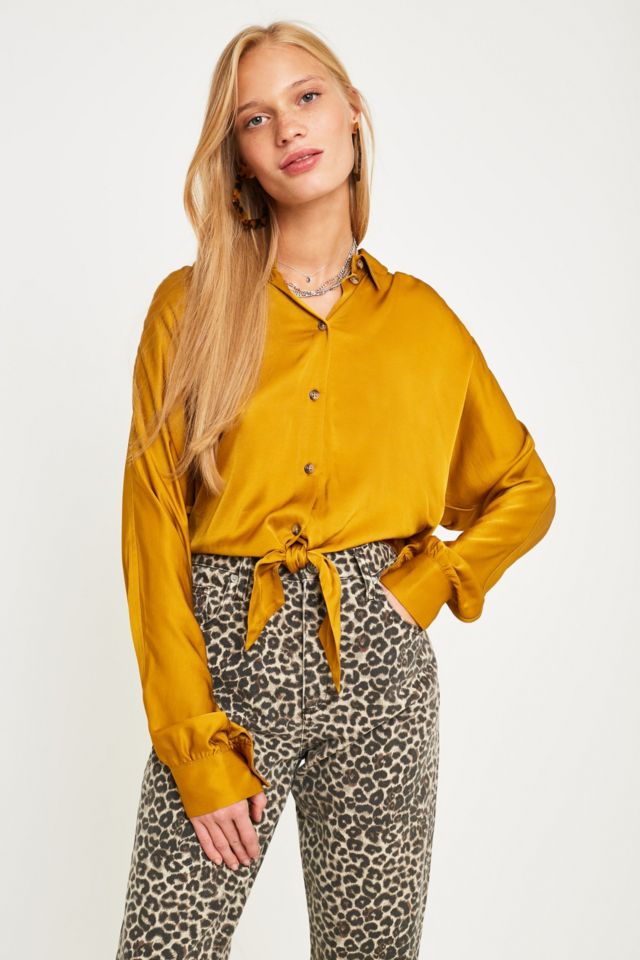 UO Jenna Yellow Satin Tie-Front Long-Sleeve Shirt | Urban Outfitters UK
