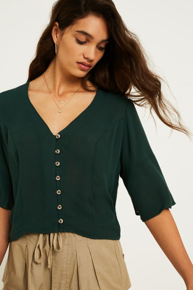 UO Daydream Green Button-Through Blouse | Urban Outfitters UK