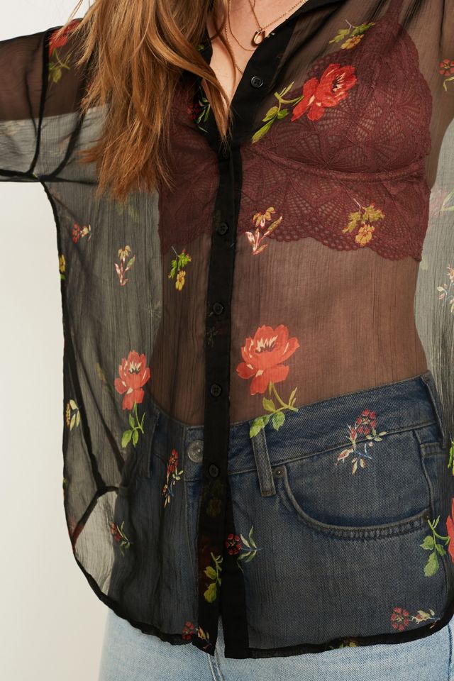 UO - Chemise transparente boutonnée à fleurs #2