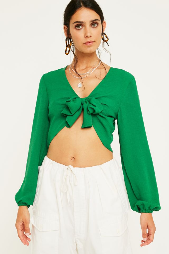 UO Green Tie Front Long-Sleeve Blouse | Urban Outfitters UK