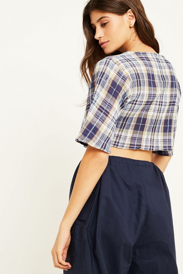 UO Melissa Blue Check Tie-Front Blouse #2