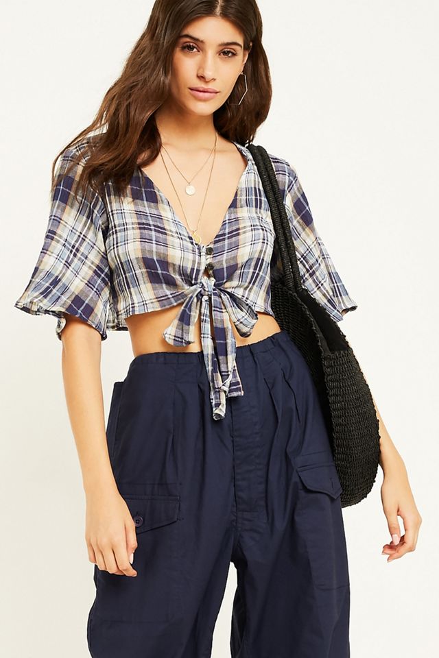 UO Melissa Blue Check Tie-Front Blouse #5
