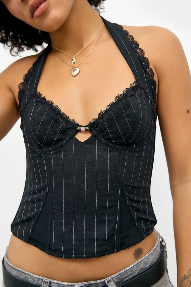 Silence + Noise Moss Pinstripe Halterneck Corset Top #3