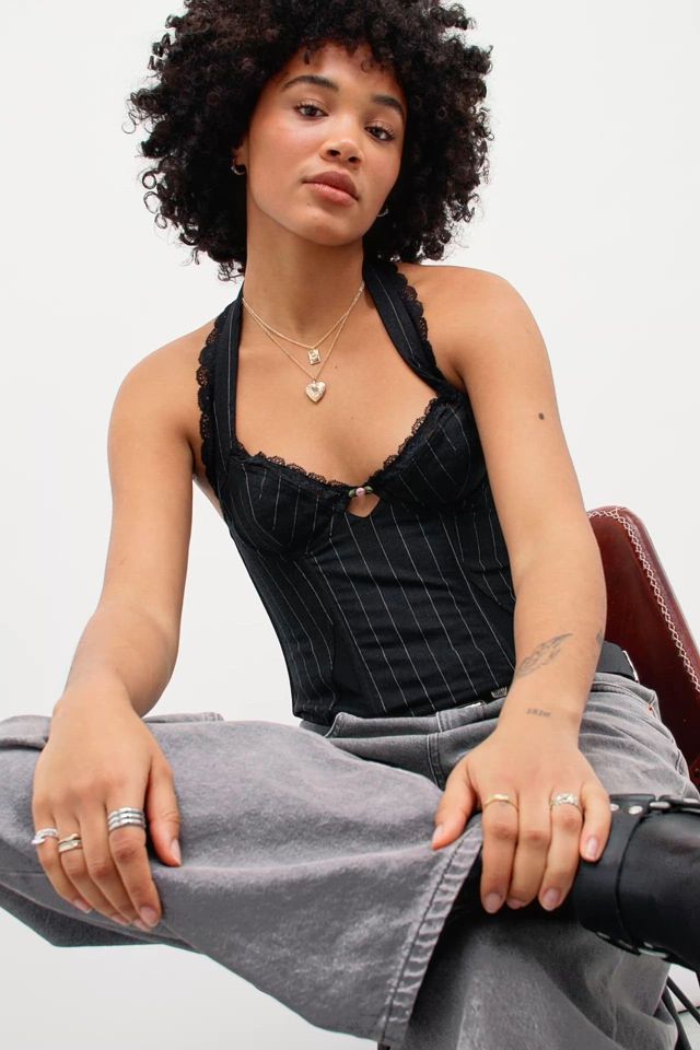 Silence + Noise Moss Pinstripe Halterneck Corset Top | Urban