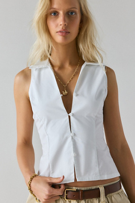 UO Party Girl Cotton-Blend Button Down Sleeveless Shirt - White L at Urban Outfitters