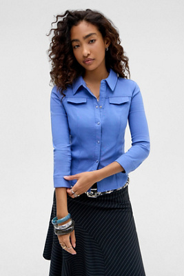 Silence + Noise Polly Bengaline 3/4 Sleeve Shirt - Blue S at Urban Outfitters