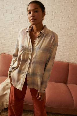 BDG Beige Keanu Drapey Flannel Shirt | Urban Outfitters UK