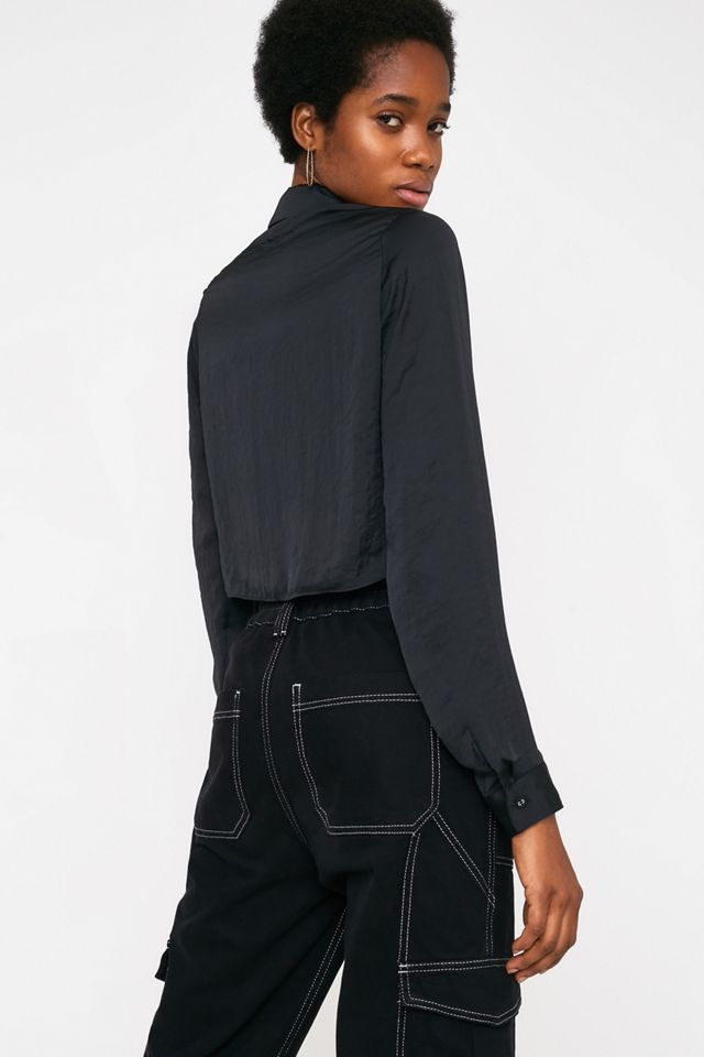 UO Logan Black Satin Tie-Front Button-Through Top #3