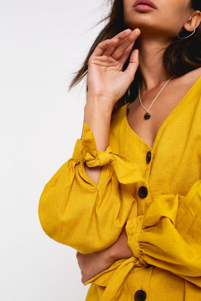 UO Dee Yellow Linen Balloon Sleeve Button-Down Top #1