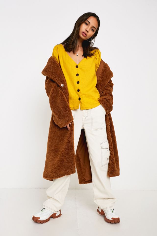 UO Dee Yellow Linen Balloon Sleeve Button-Down Top #2