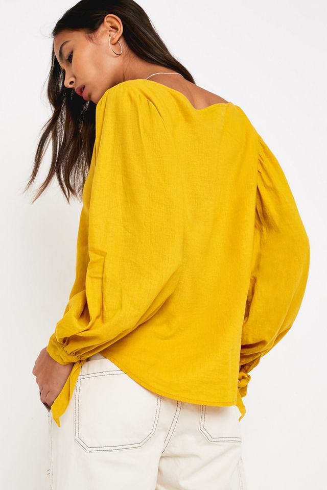 UO Dee Yellow Linen Balloon Sleeve Button-Down Top #3