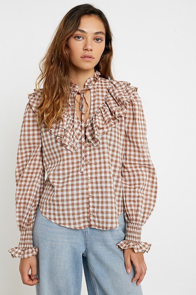 UO McKenzie Ruffle Button-Through Blouse | Urban Outfitters UK