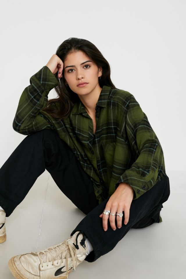 UO Brendan Khaki Drapey Flannel Button-Through Shirt | Urban Outfitters UK