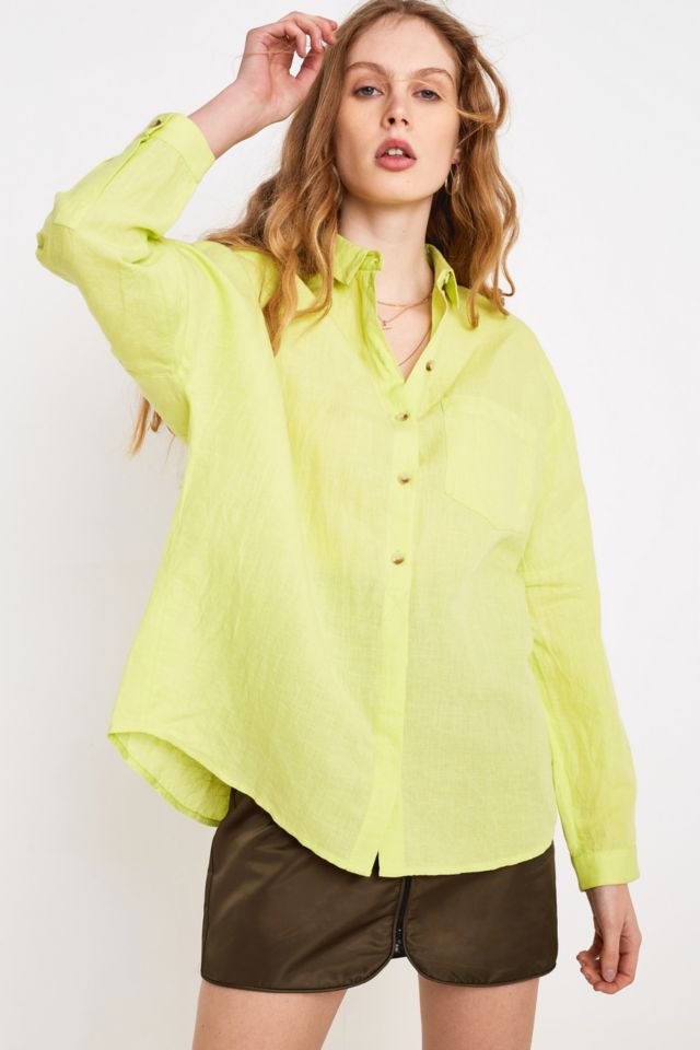 UO Lime Linen Button-Through Shirt | Urban Outfitters UK