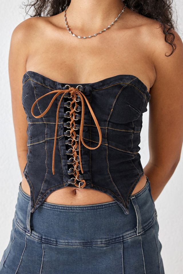 Urban Outfitters Black Denim Lace-Up Corset Top