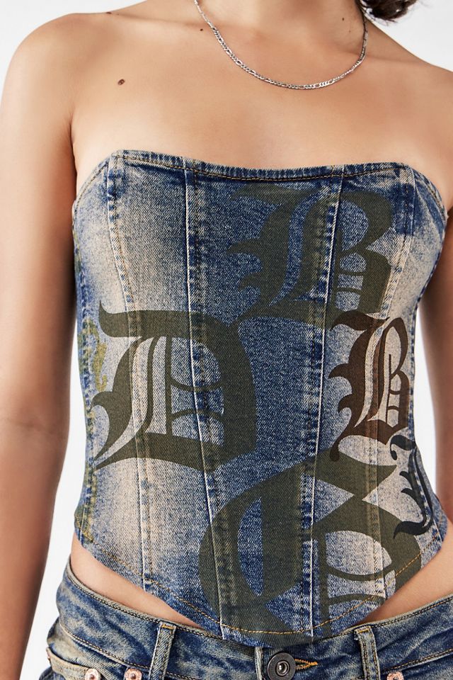 BDG Luna Print Denim Corset Top #1