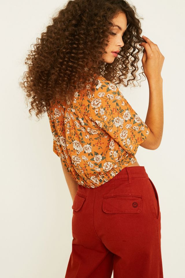 UO Mustard Floral Revere Collar Shirt #1