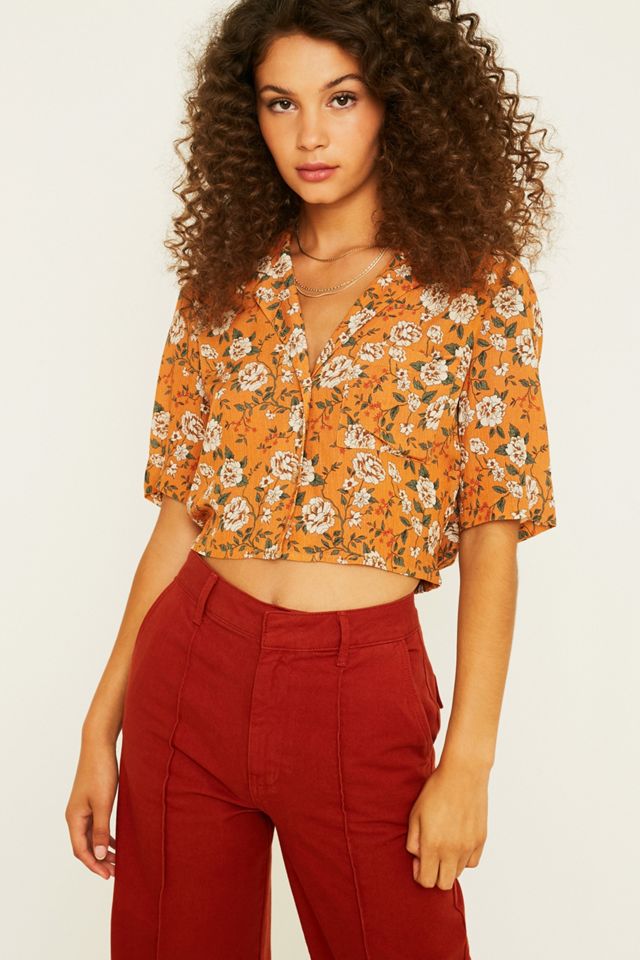 UO Mustard Floral Revere Collar Shirt #3