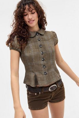 Silence + Noise Lyn Check Pea Jacket Blouse
