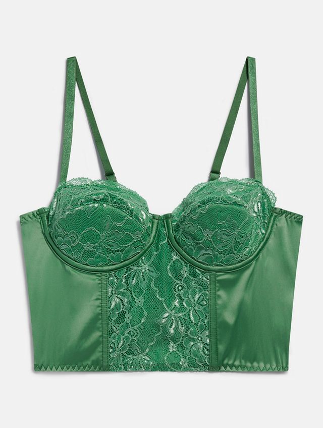 UO Ava Green Satin & Lace Corset Top