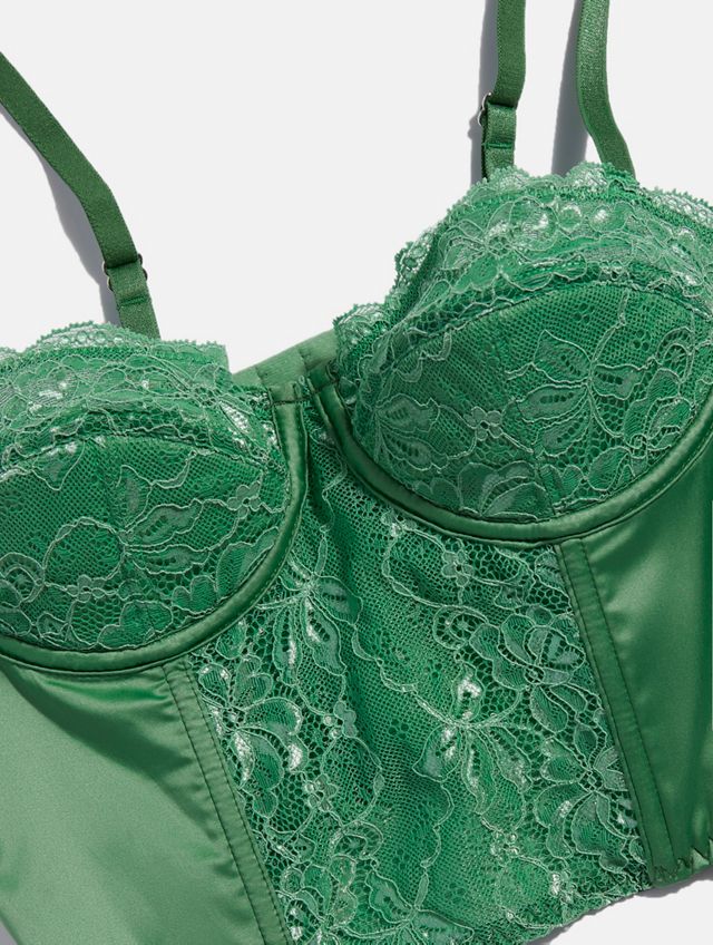 UO Ava Green Satin & Lace Corset Top