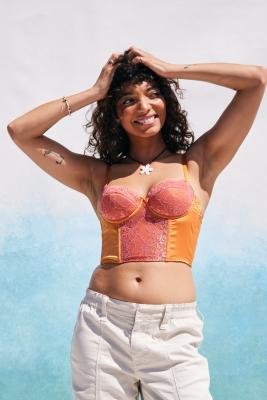 UO Ava Lace & Satin Corset Top - Pink L at Urban Outfitters