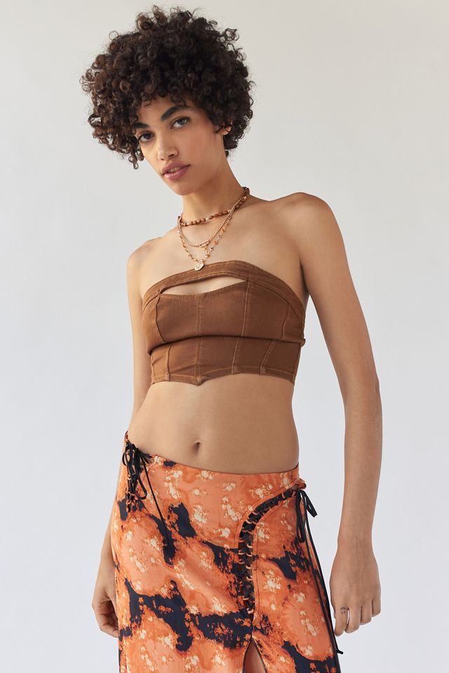 UO Rena Cut-Out Light Brown Denim Boob Tube Urban Outfitters UK
