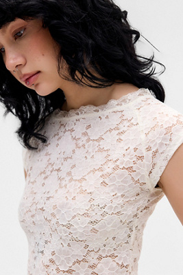 UO Lace Boat Neck T-Shirt - White XL at Urban Outfitters