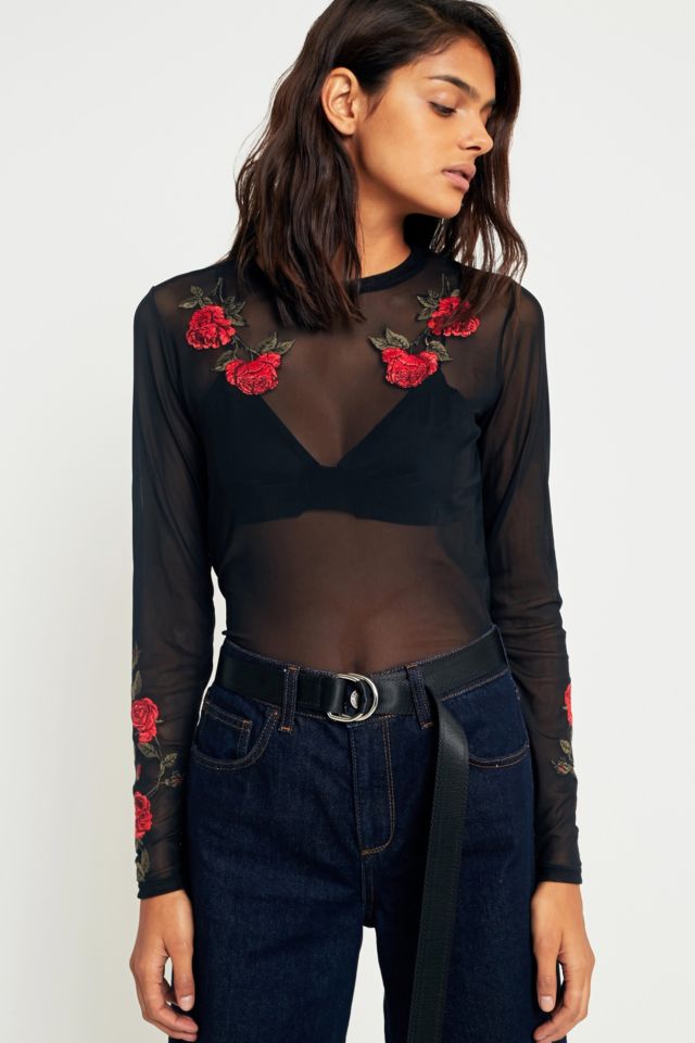 UO Rose Embroidered Sheer Mesh Long Sleeve Top Urban Outfitters UK