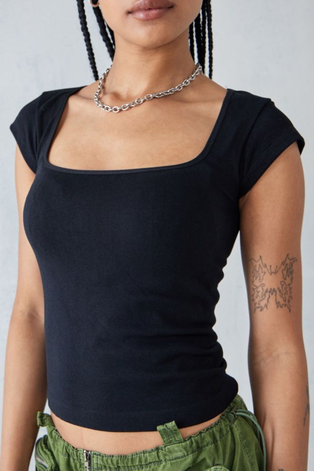 Rib-Knit Square Neck Top - Short Sleeves - Black – Urban Chic