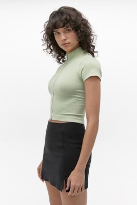 UO Ribbed Zip-Through Funnel Neck Light Green Top | Urban Outfitters UK