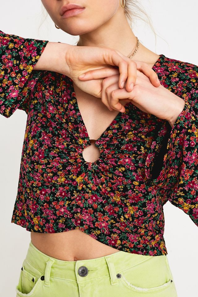 UO Pink Jacquard Floral Ring Front Long-Sleeve Blouse #1