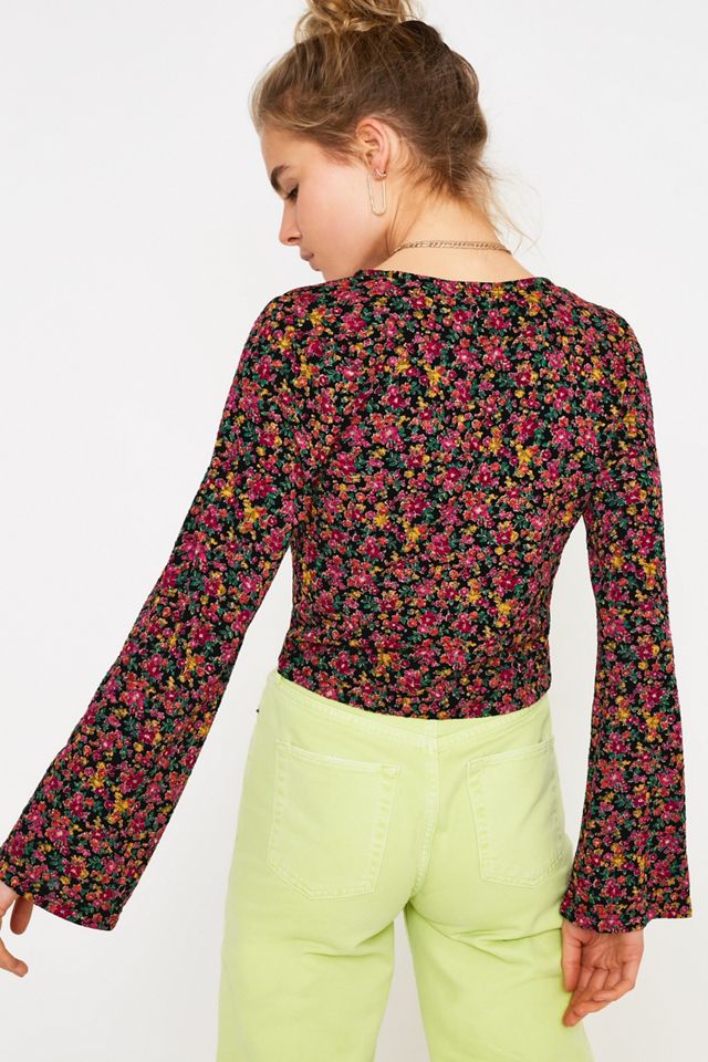 UO Pink Jacquard Floral Ring Front Long-Sleeve Blouse #3