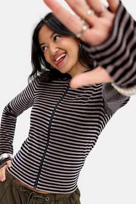 BDG Bekki Stripe Zip-Through Velour Hoodie