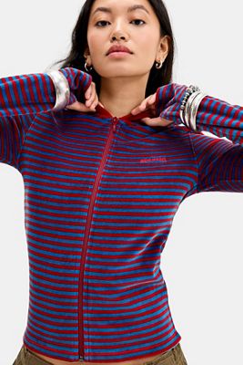 BDG Bekki Streifen Zip-Through Velour Kapuzenpullover