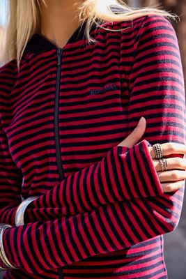 BDG Bekki Streifen Zip-Through Velour Kapuzenpullover
